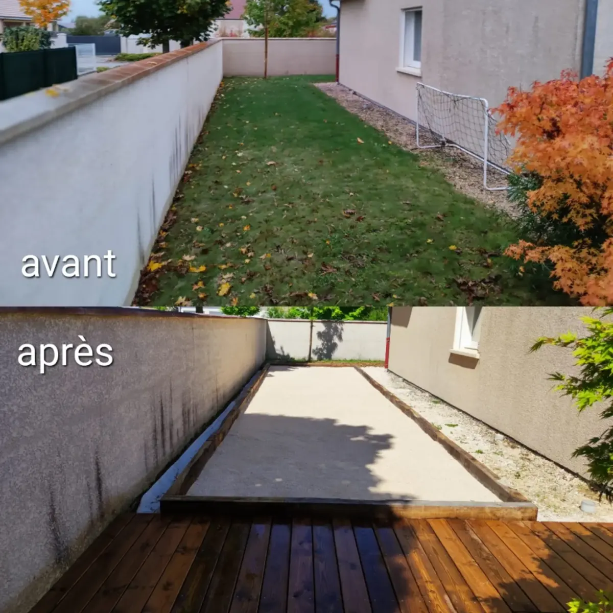 Création d’un terrain de pétanque et d’une terrasse bois, avant / après